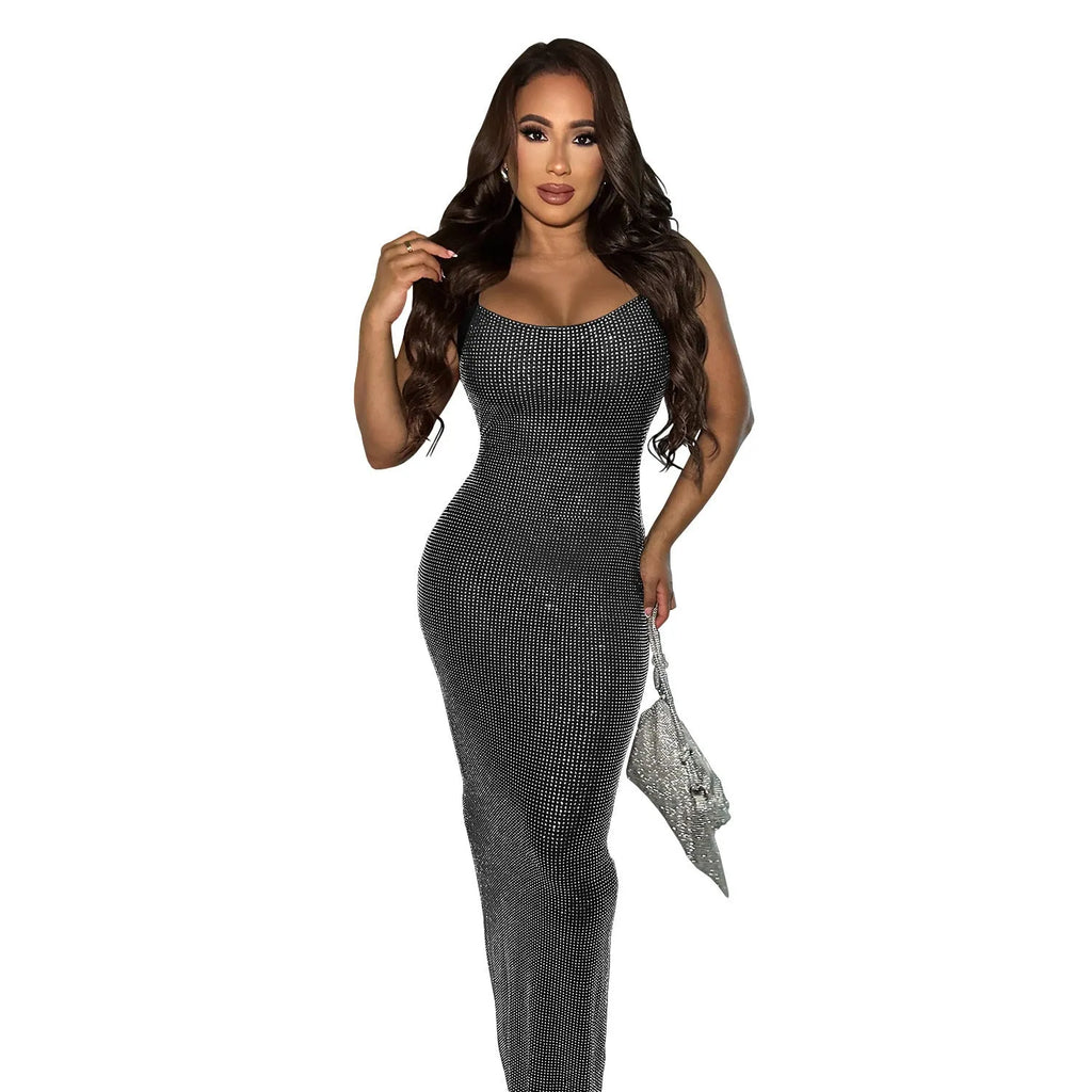 Wear Sexy mesh backless bodycon dress with hot drilling details, long skirt, black colour
