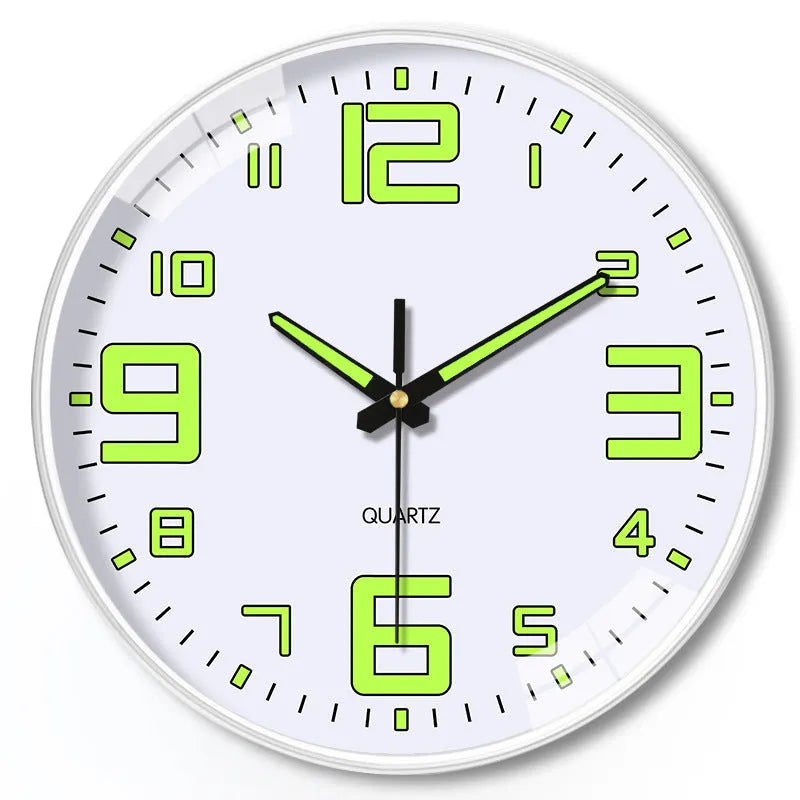 8 inch luminous wall clock with modern plastic shell on a wall