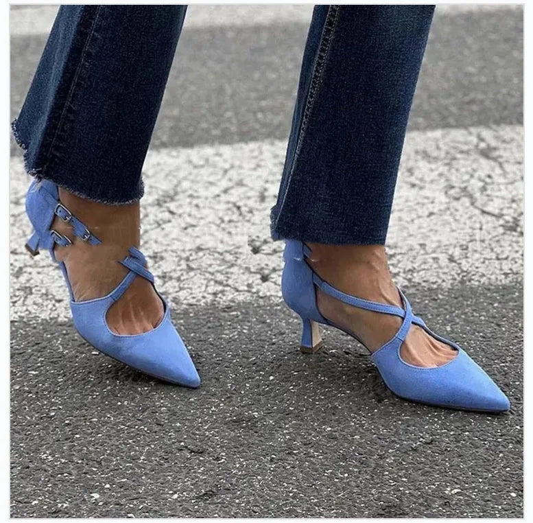 Plus size suede high heel sandals with pointed toe, cross buckle strap, hollowed design, T-shaped buckle, 6-8cm heel, green apricot blue