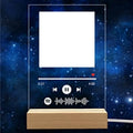 Personalised acrylic night light with photo, song title, and 22x15x0.5cm panel, warm or white base option