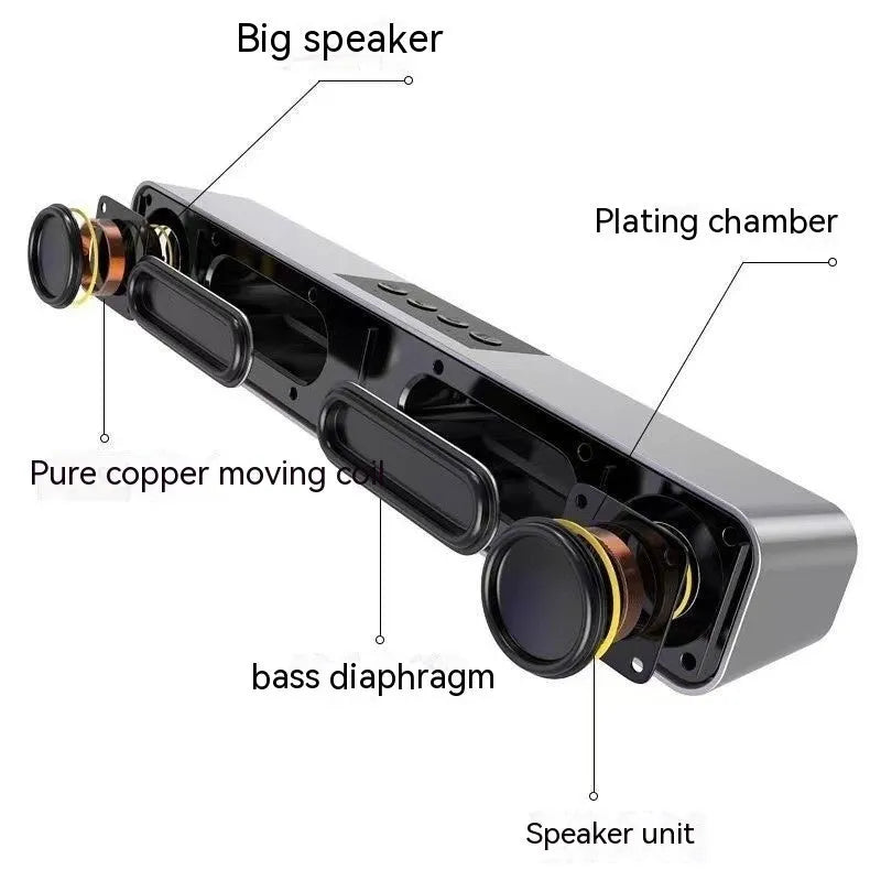 Black portable Bluetooth speaker with colourful light, 383 x 64 x 55mm, USB powered, 5W x 2 rated power