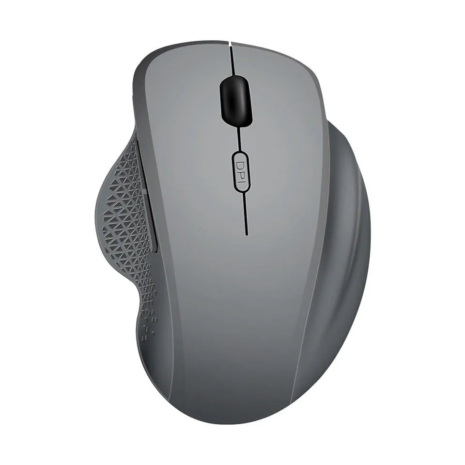 Grey and black wireless laptop mouse with USB charging cable