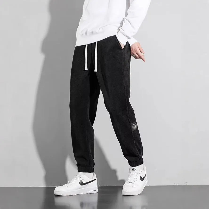 Men's loose straight sweatpants in dark gray, black or dark brown, cotton blend, drawstring mid waist, sizes M-5XL