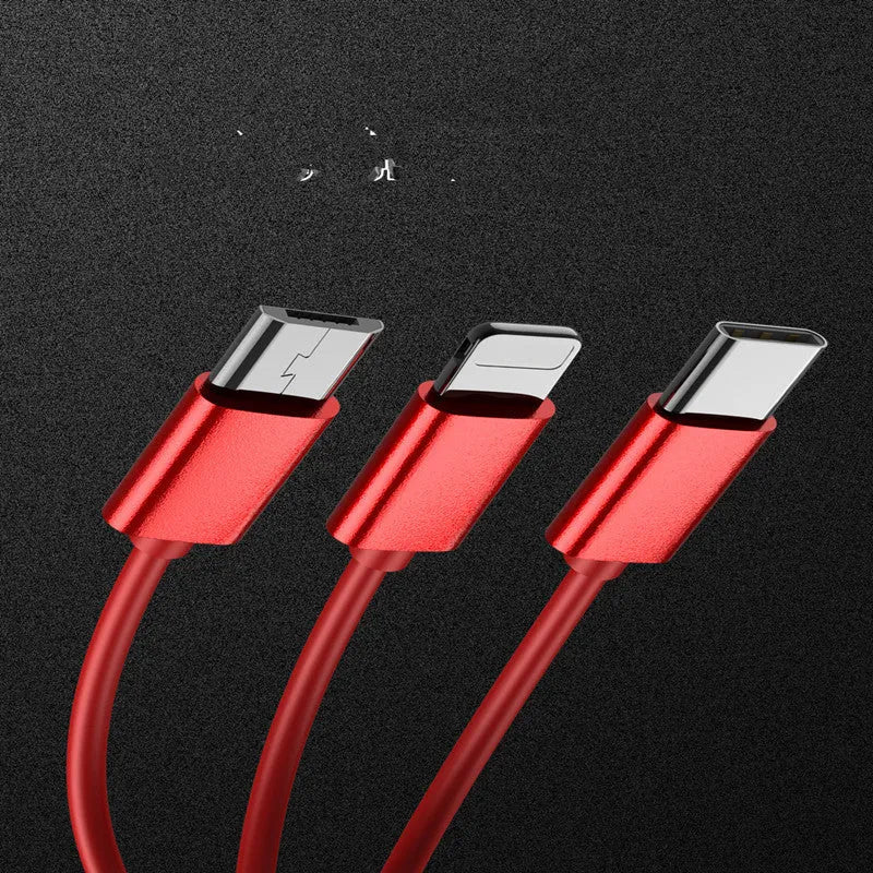 Telescopic 3-in-1 data cable 120cm with Apple Android and Type-C connectors in red