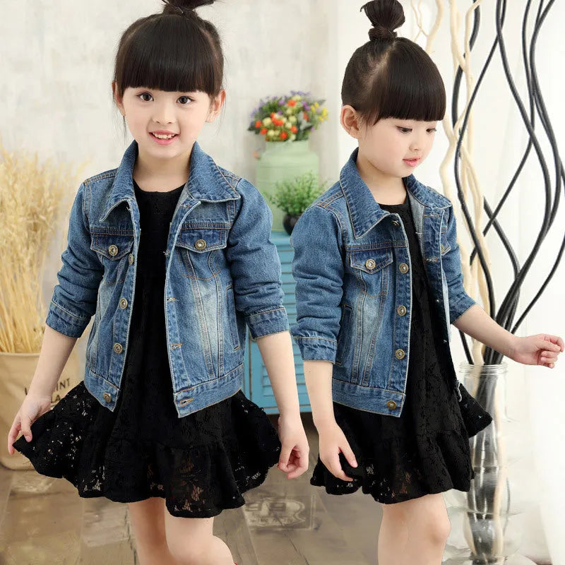 Children's dark blue cotton ripped denim jacket with hood, front view, single breasted style