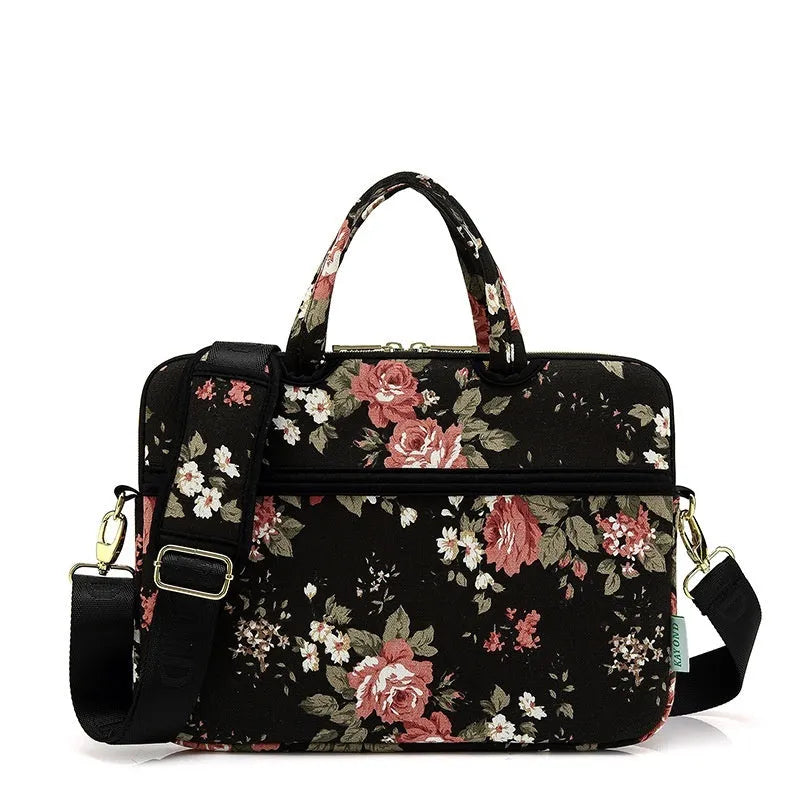 Canvas laptop sleeve with printed pattern for 13-15 inch notebooks, plush lining, and padded shoulder strap