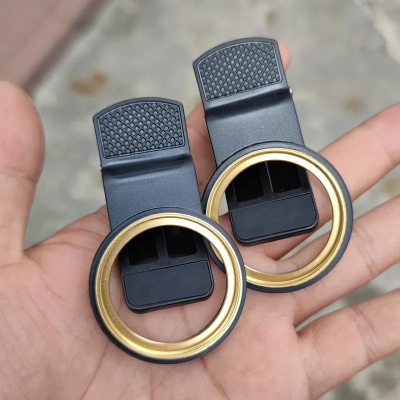 37mm universal clip phone lens filter adapter with golden or black spiral teeth and large hole for screw-on filters.