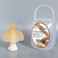 Small pink and clear mushroom-shaped silicone chew with transparent storage box and nano chain.