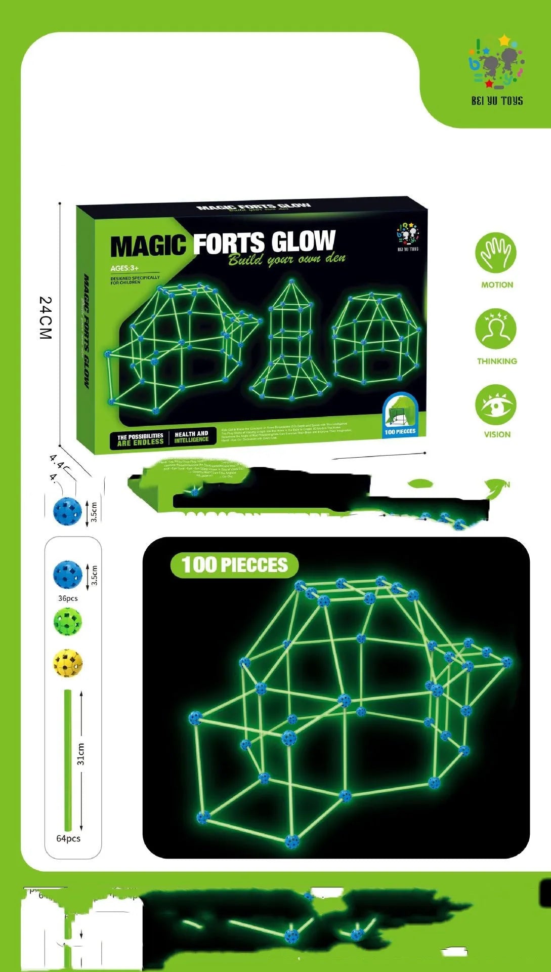 Luminous children's fort building kit with plastic sticks and connector balls for constructing castles and play tents
