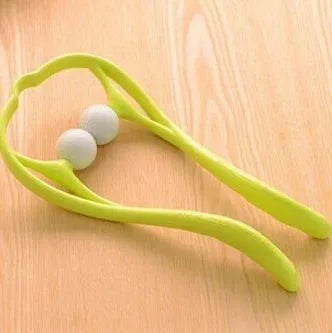 A pink plastic handheld neck and shoulder massager with adjustable rollers on a flexible stand.