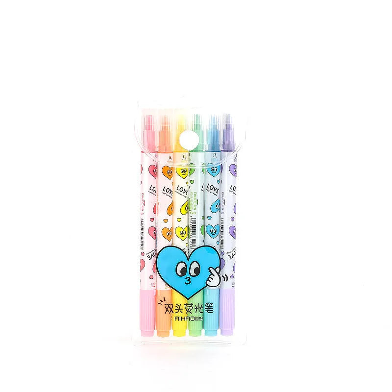 Set of six double-headed watercolor highlighters showing pink, orange, yellow, green, blue, and purple colours.