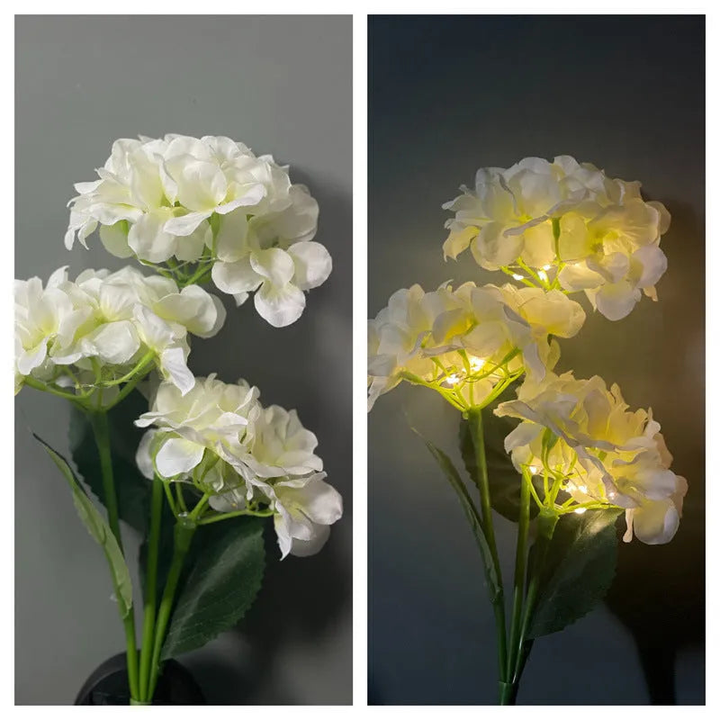 Solar hydrangea garden decorative light in garden setting with floor outlet placement
