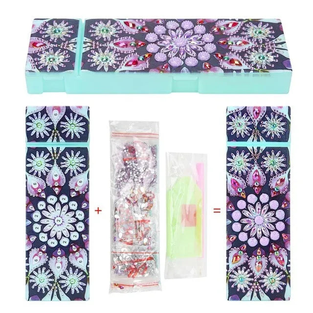 DIY diamond painting kit with PU leather wristlet pencil case, resin diamonds, and crafting tools laid out.