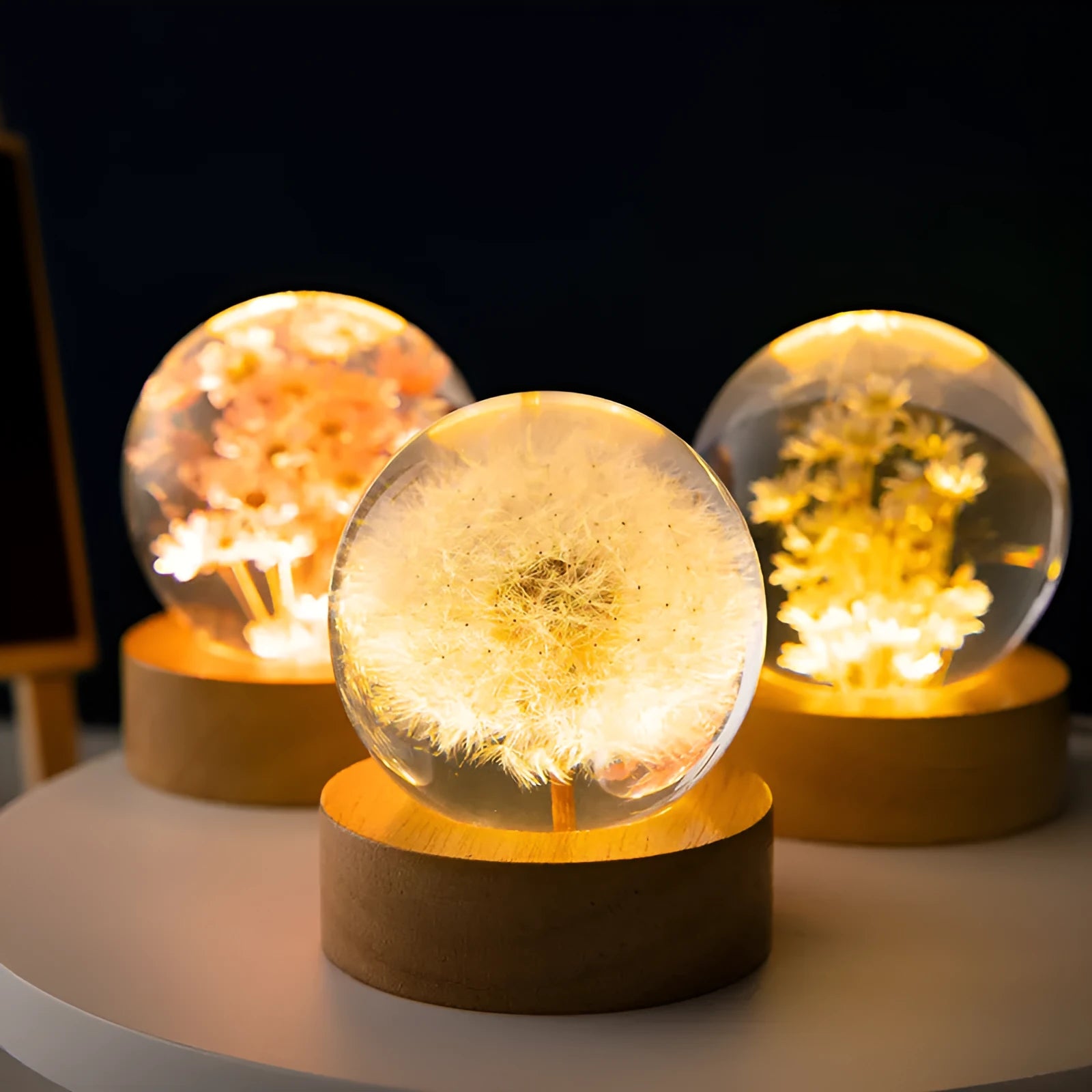 Beech wood base crystal ball lamp with preserved dandelion flowers inside 6cm sphere