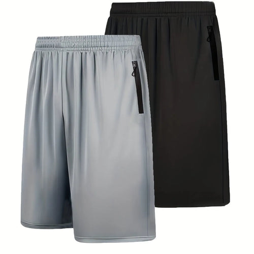 Two quick-drying men's sports shorts with elastic waist belt in dark gray and light gray, polyester fabric