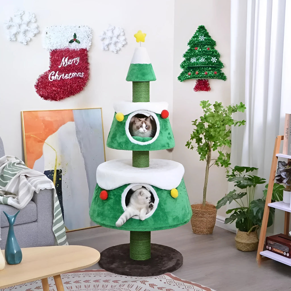 Green Christmas tree style cat nest and cat tree with sisal scratching surface, integrated climbing frame for indoor cats