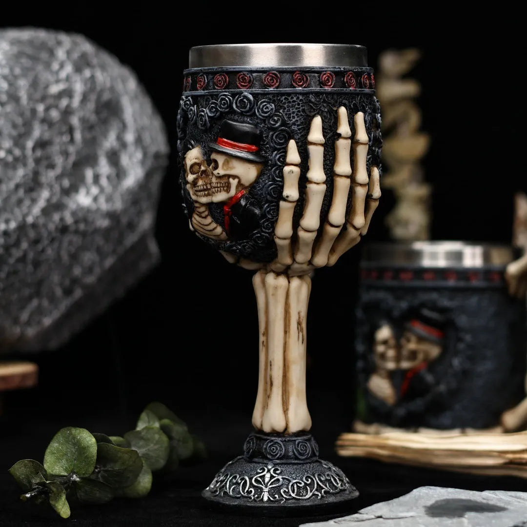 Skull-themed stainless steel wine glass with skeleton design and 200ml capacity