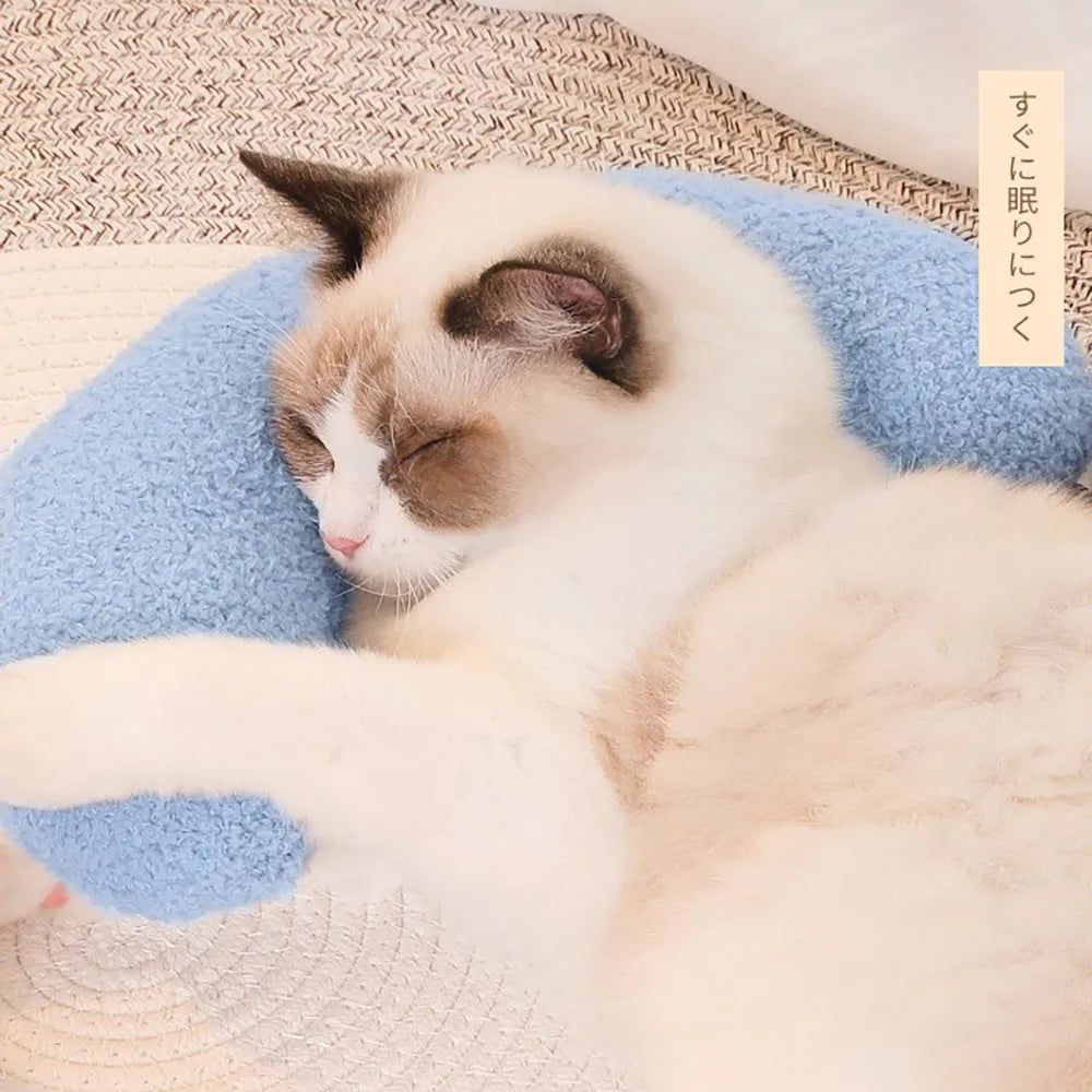U-shaped blue cat pillow with adjustable neck collar for cervical support