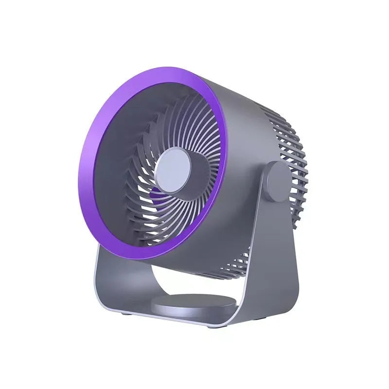 Gray wall-mounted fan with four blades and USB cable on a white wall