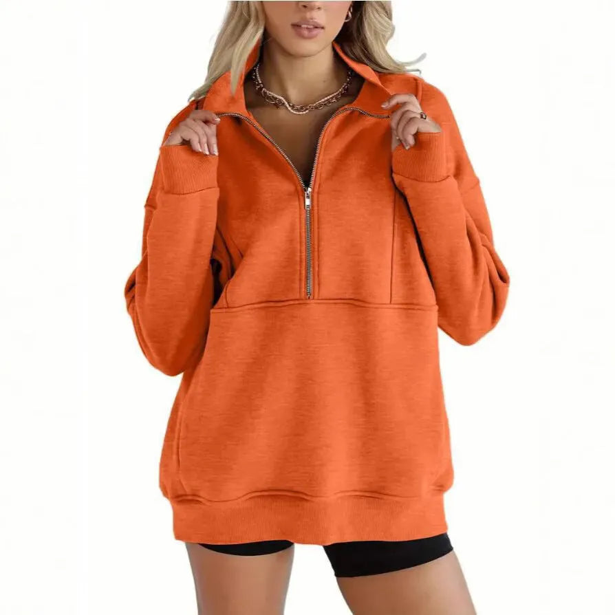 Women's loose fit hoody with zip patchwork pockets, thick brushed polyester pullover in multiple colours