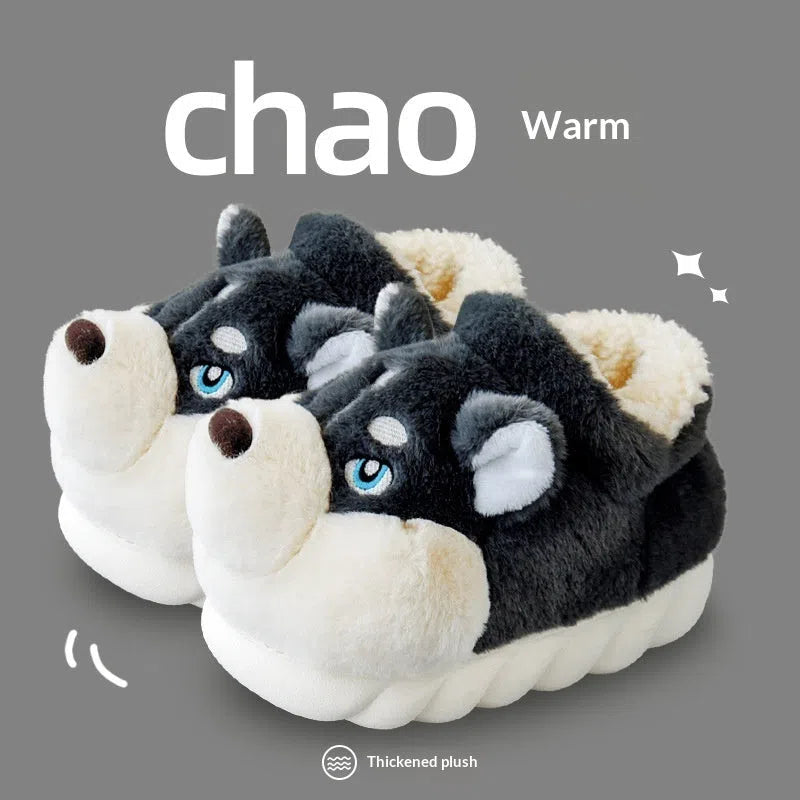 Cute Husky cartoon pure cotton slippers for men and women, warm indoor winter footwear in dark gray