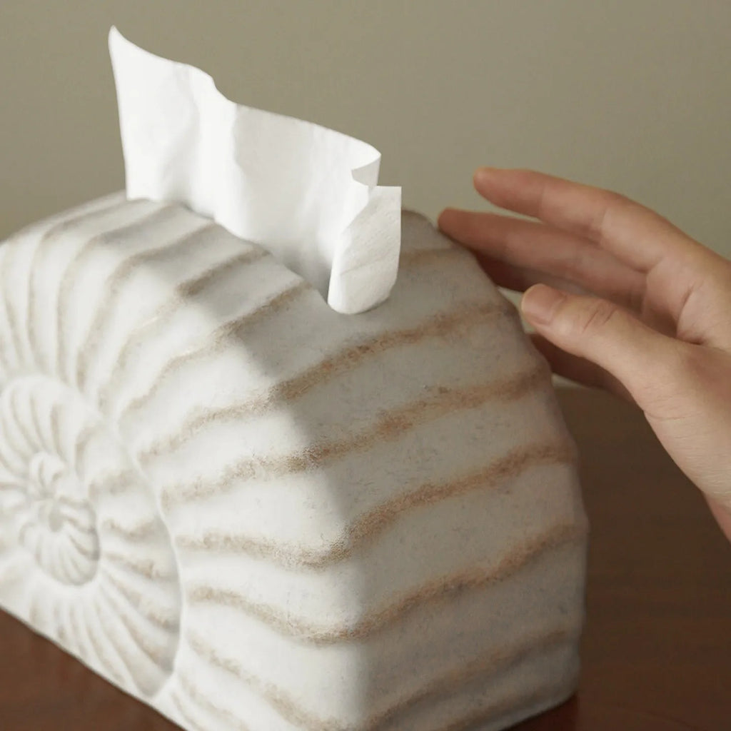 White resin tissue box cover with raised conch shell design