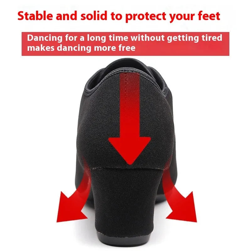 Men's black oxford cloth ballroom dancing shoes with rubber sole and middle heel on a dance floor