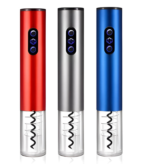 Silver automatic electric wine opener with foil cutter, aluminium alloy body, on a table next to a wine bottle