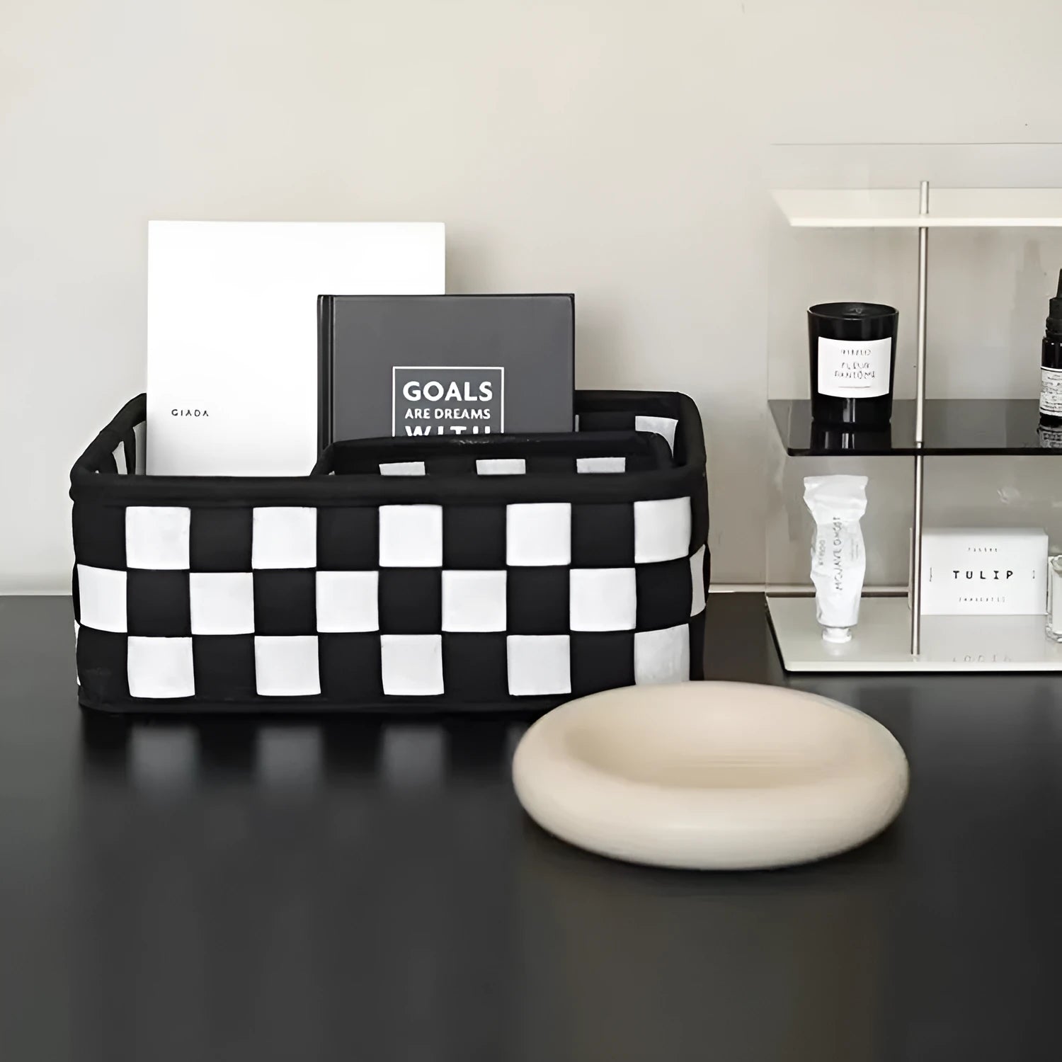 Grey checkerboard patterned folding felt storage basket with dimensions 37cm by 29cm.