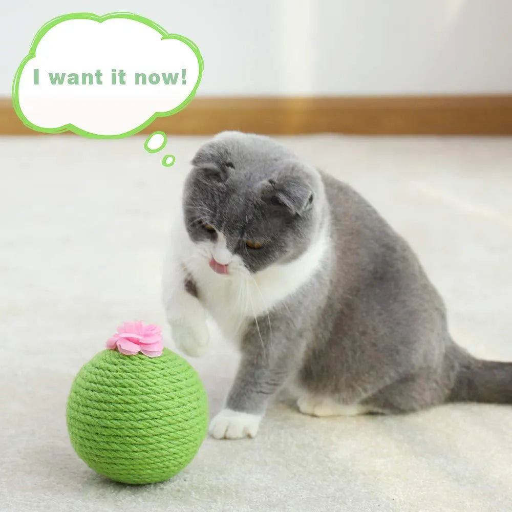 Green cactus-shaped cat scratcher tower with integrated tumbler ball and natural sisal scratching surfaces