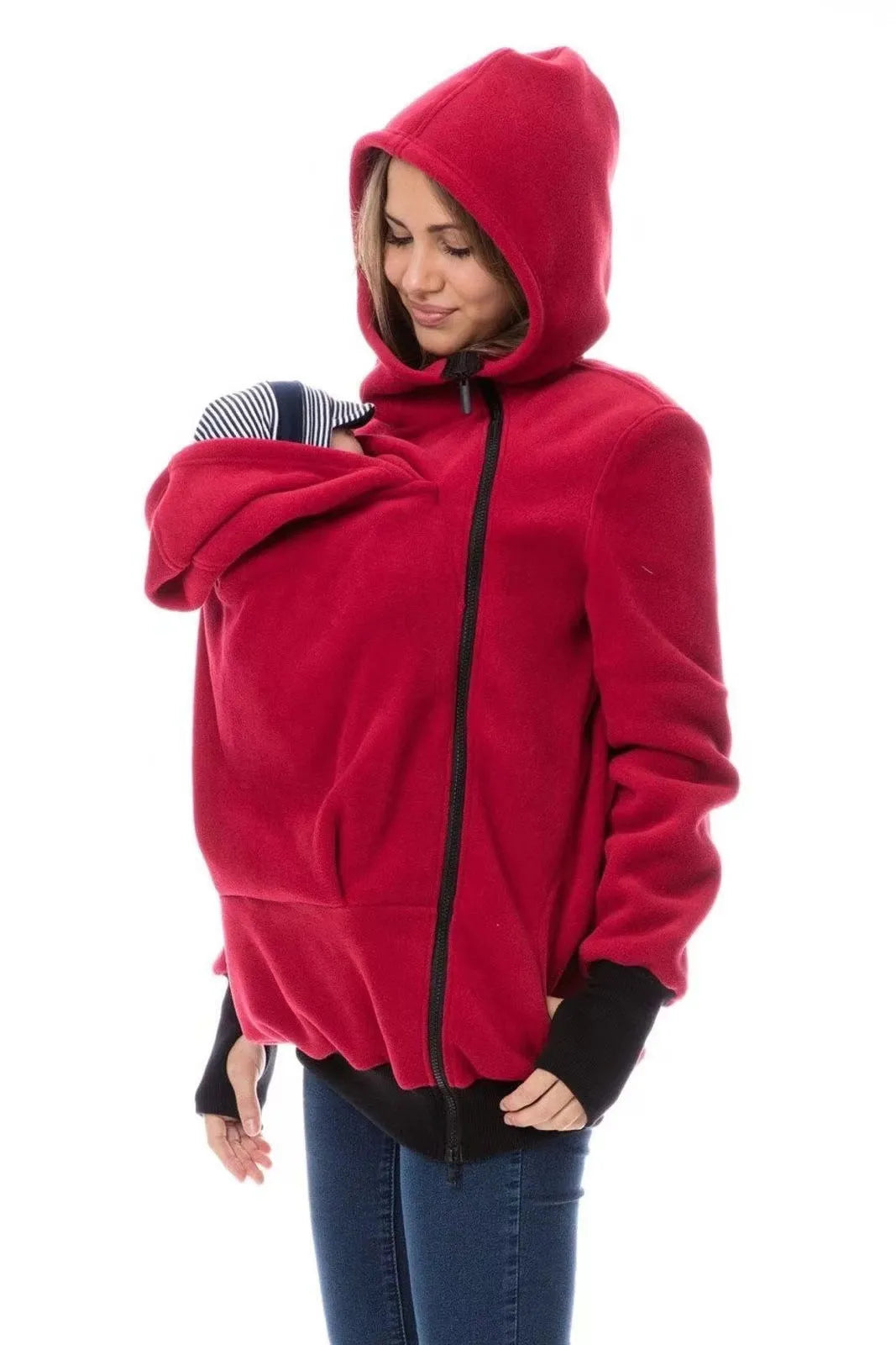 Red loose fit women's polar fleece sweater with long sleeves for autumn and winter wear.