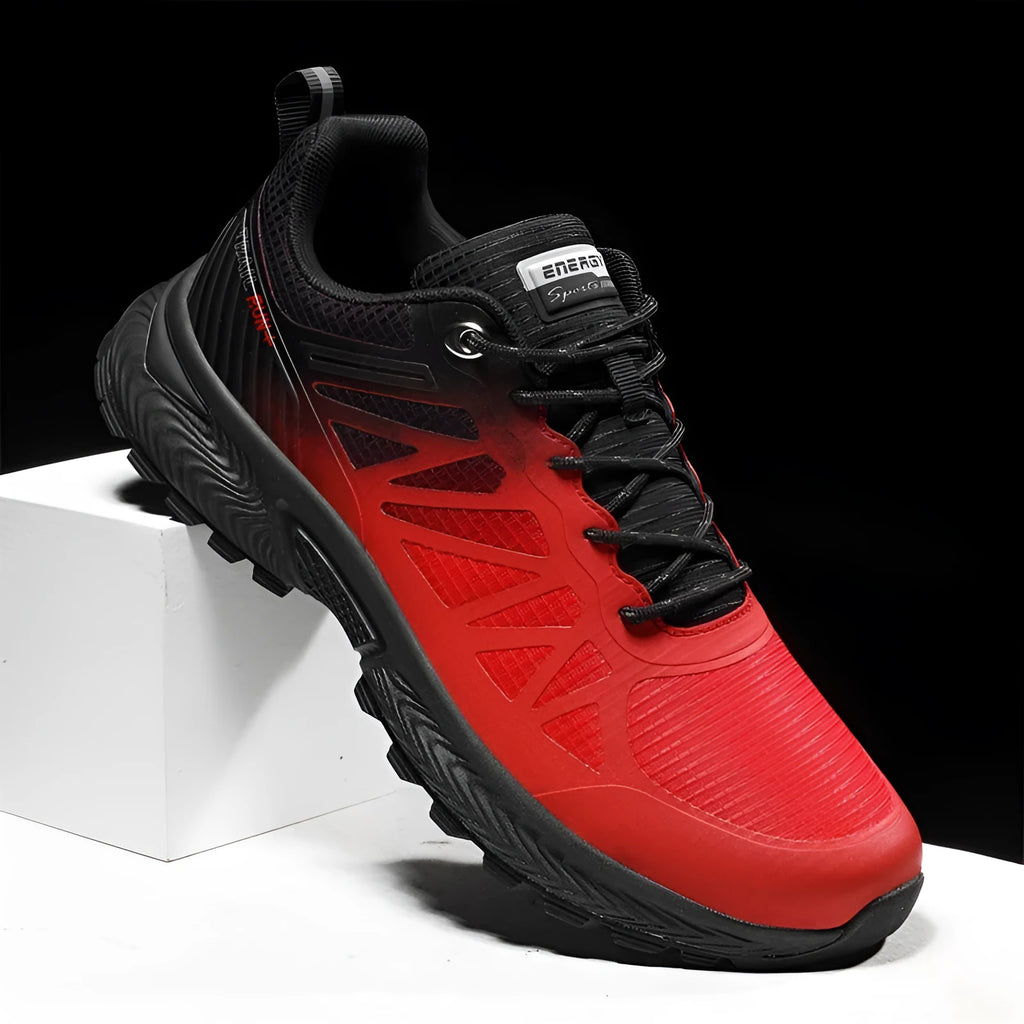 Men's black and orange breathable mesh outdoor running shoes with lace-up front and round toe.