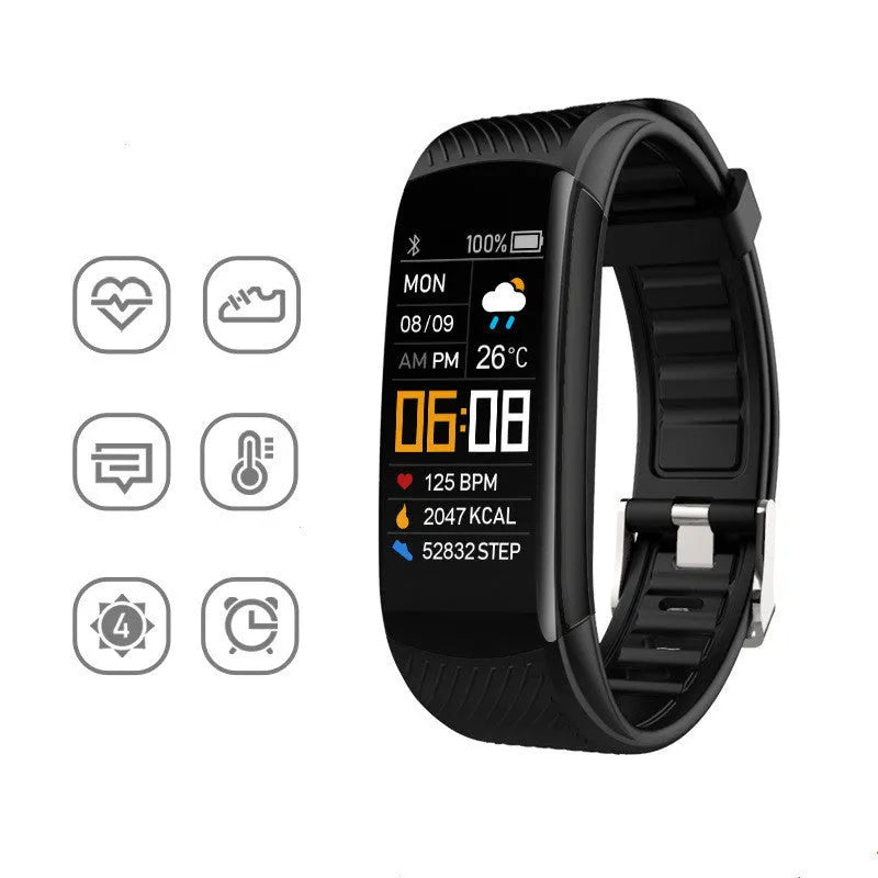 Adult sports silicone pedometer bracelet with a 0.96-inch touchscreen display on a wrist.