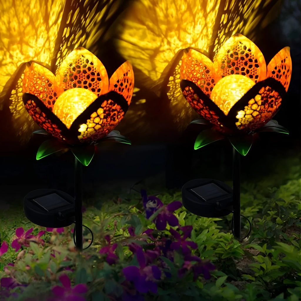 Solar lawn light 450mm tall with warm light LED in garden setting, available in single and twin pack options