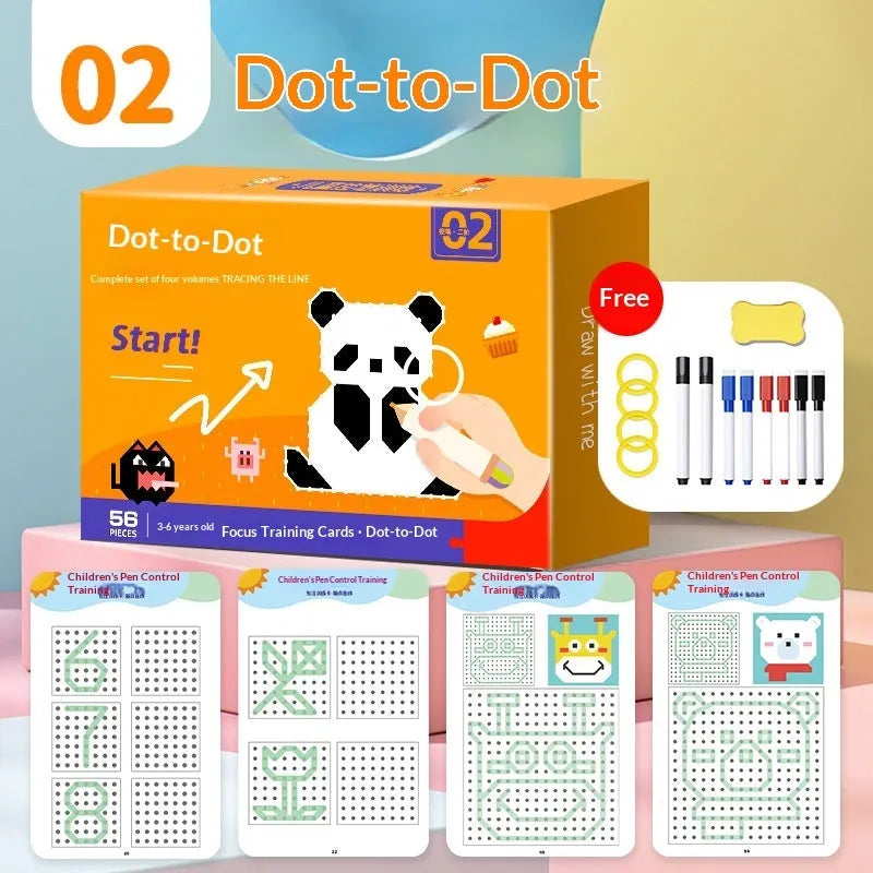Children's erasable pen control training set with paper pages for ages 3-6, showing tracing and drawing stages.