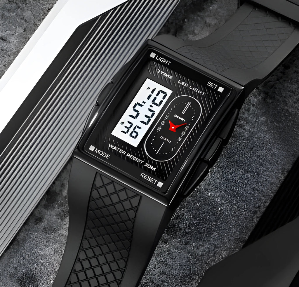 Double display waterproof sports electronic watch with 39.4mm screen and CR2025 battery in black and white colour option