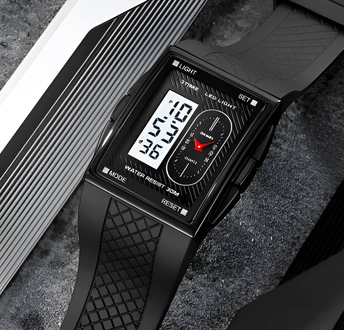 Double display waterproof sports electronic watch with 39.4mm screen and CR2025 battery in black and white colour option