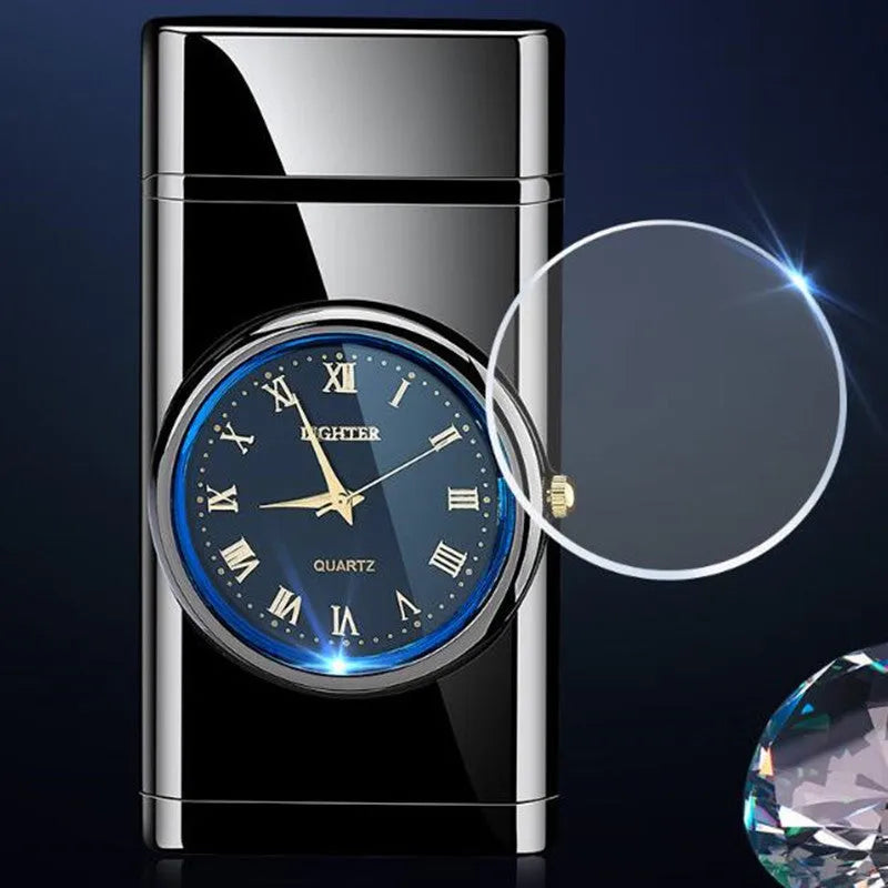 Electronic watch lighter showing LED digital display integrated with butane gas lighter mechanism in brushed metal body