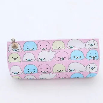 Blue triangle-shaped PU leather pencil case with cartoon pattern and large zipper