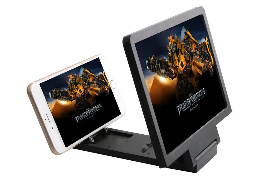 Foldable smartphone screen amplifier showing black and white colour options with 18x12cm dimensions