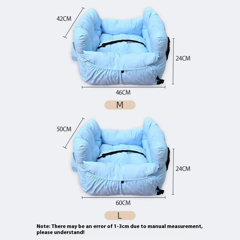 Portable cloth car kennel for dogs in light blue colour with net pocket design