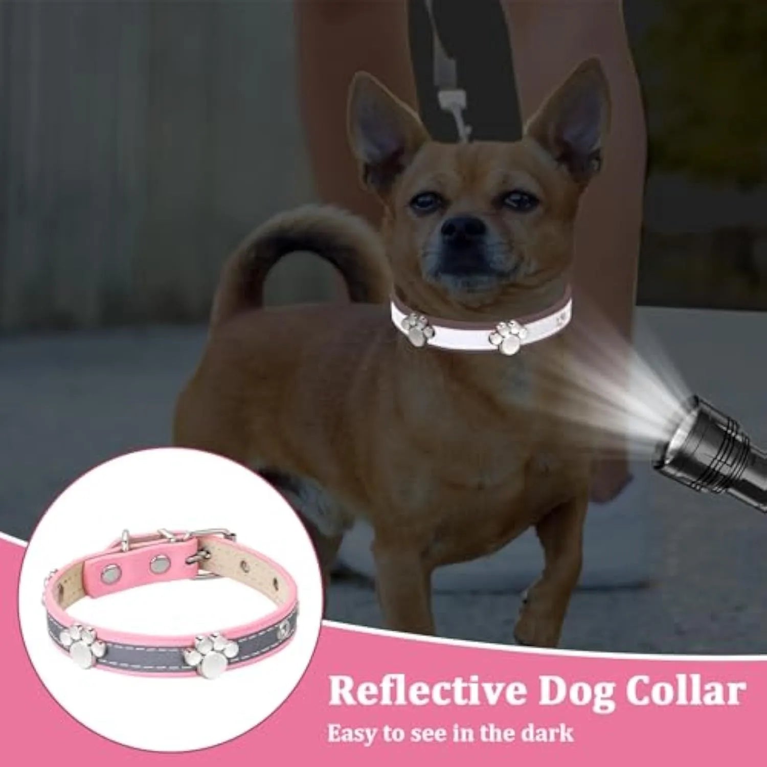 Adjustable PU leather dog collar with reflective stitching and a metal paw-shaped rivet.