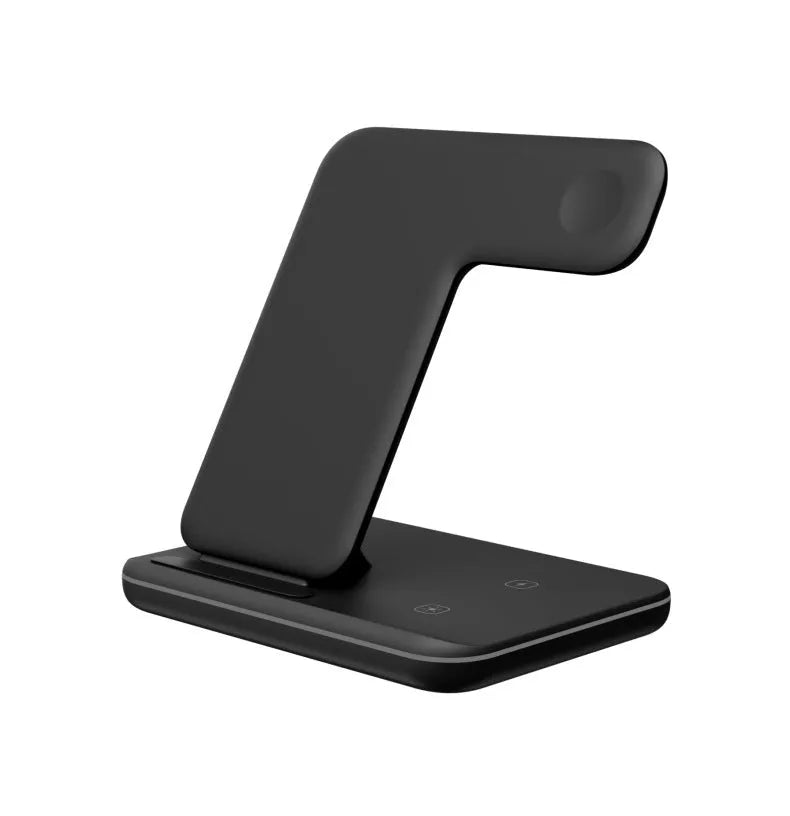 White 15W three-in-one wireless charging stand for mobile phone, smartwatch and headset on a desk.
