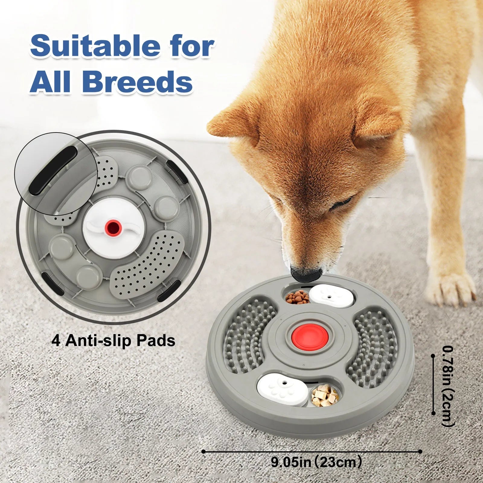 Blue and grey pet slow feeder bowl with anti-slip pads and textured eating surface