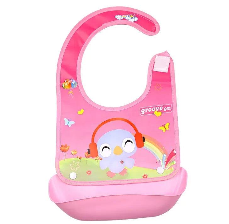 Cartoon baby PVC three-dimensional bib with blue koala design and waterproof silicone pocket