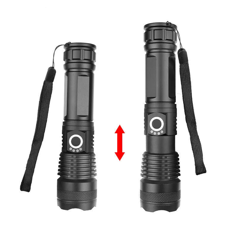 USB Charging Zoom P50 Flashlight with telescopic zoom, XHP70 LED, and aluminium shell