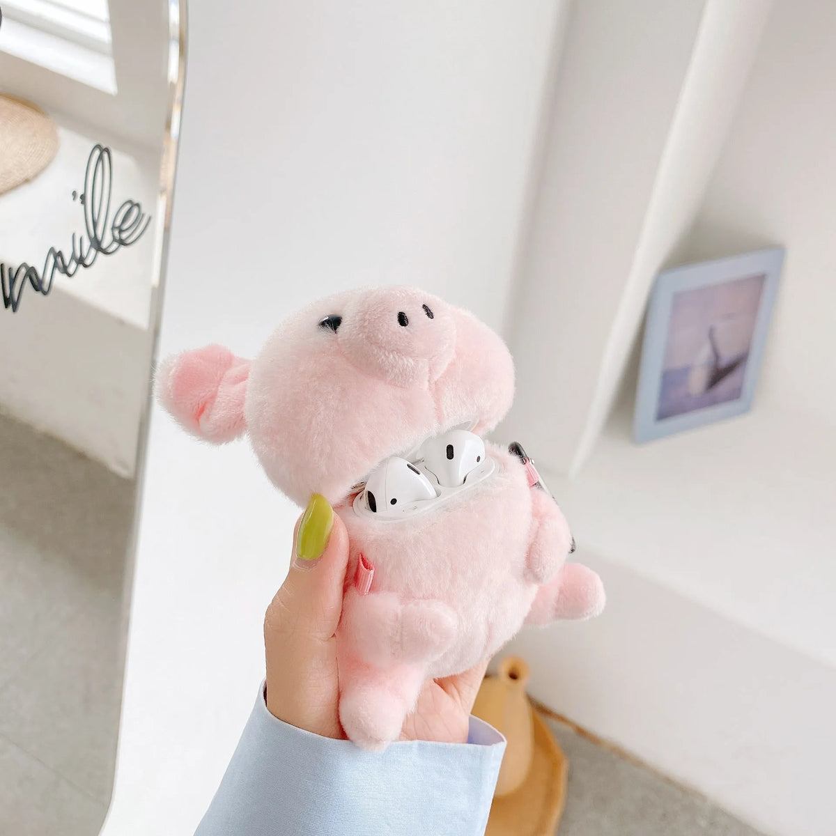 Pink pig cartoon plush PC back cover earphone case for Apple AirPods 1 and 2