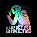 Respect For Bikers motorcycle sticker measuring 15x11cm in reflective silver colour