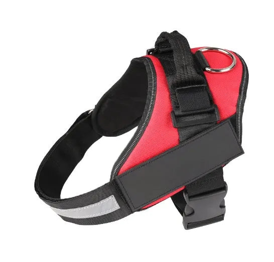 Adjustable dog harness with mesh padded vest in assorted colours, showing reflective strips and D-ring leash attachment.