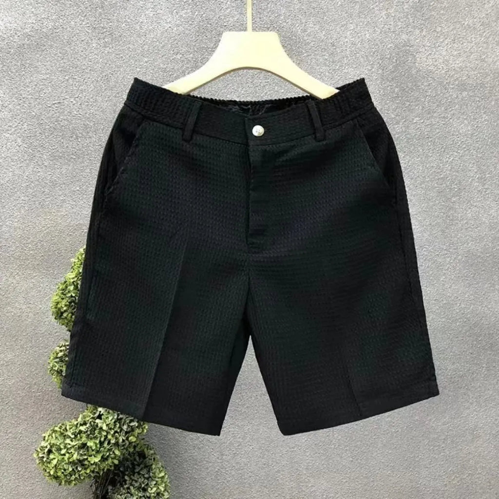 Men's thin cropped straight-leg trousers in black, high elasticity mid waist summer pants